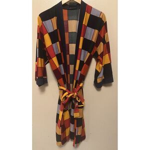 Vtg Caulfeild Men's Open-Front Robe‎ with Belt Multi Color Square Dadcore 70 80s